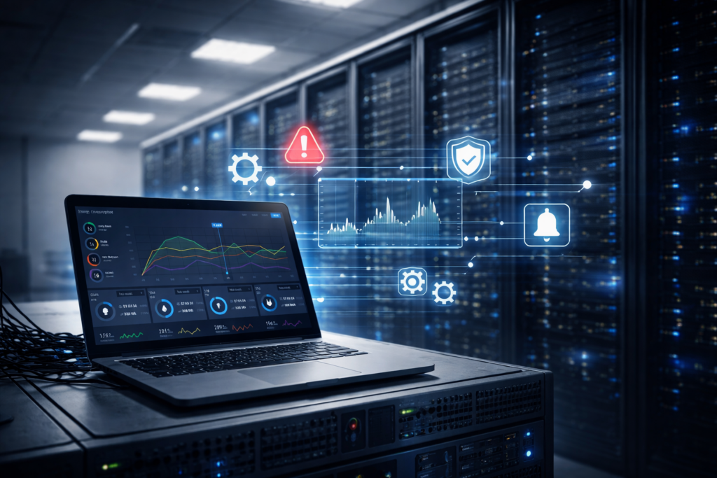 Stały monitoring serwerów, sieci oraz urządzeń firmowych.